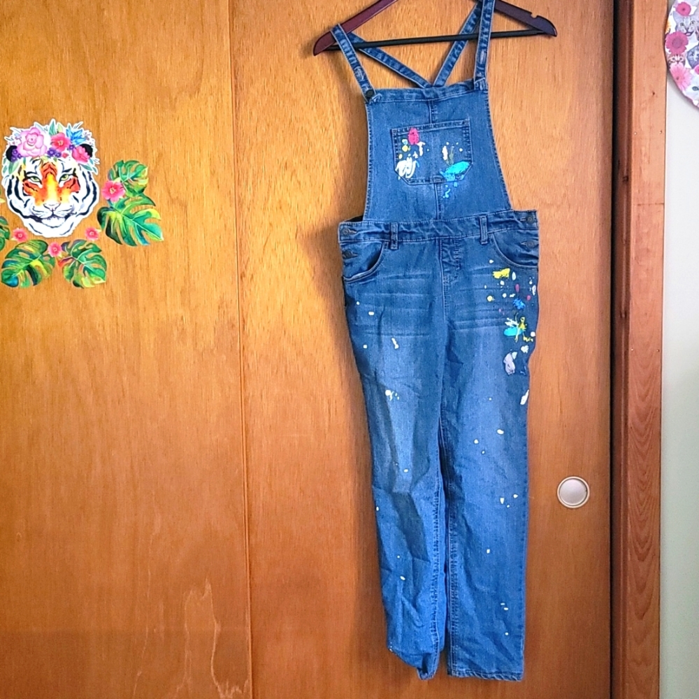 Cat & Jack Distrssed Painted Denim overalls Kid's Size L (10/12)
